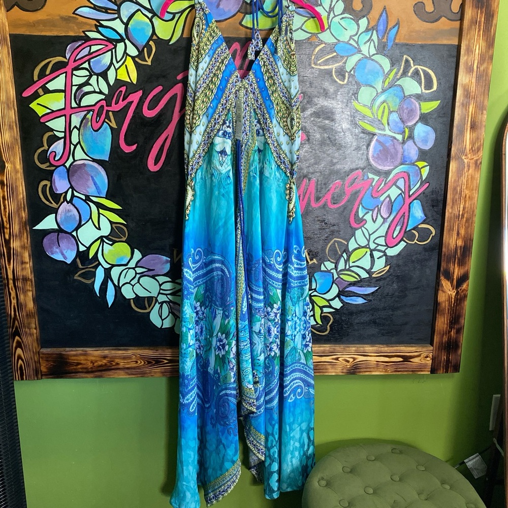 Blue and green silky halter maxi dress with rhinestone details one size NWT - Picture 1 of 3